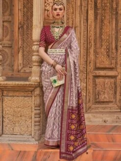 Brown Printed Patola Silk Saree With Blouse