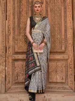 Silver Printed Traditional Saree In Patola Silk