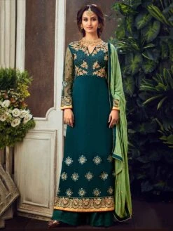 Teal Blue Colour Georgette Fabric Palazzo Salwar Suit.