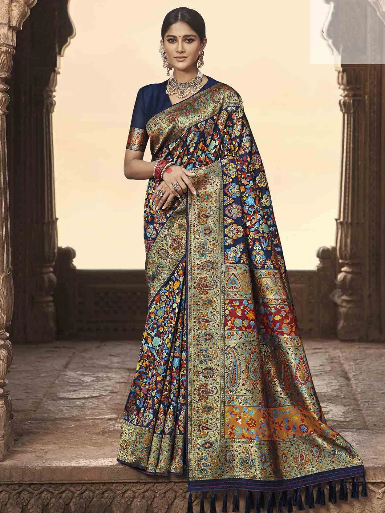 Navy Blue Colour Banarasi Kora Silk Designer Saree. 3 Navy Blue Colour Banarasi Kora Silk Designer Saree.
