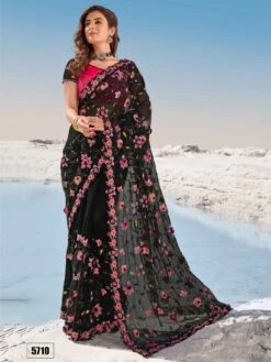 Black Colour Party Wear Saree In Net Fabric.