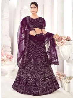Wine Colour Net Designer Lehenga Choli.