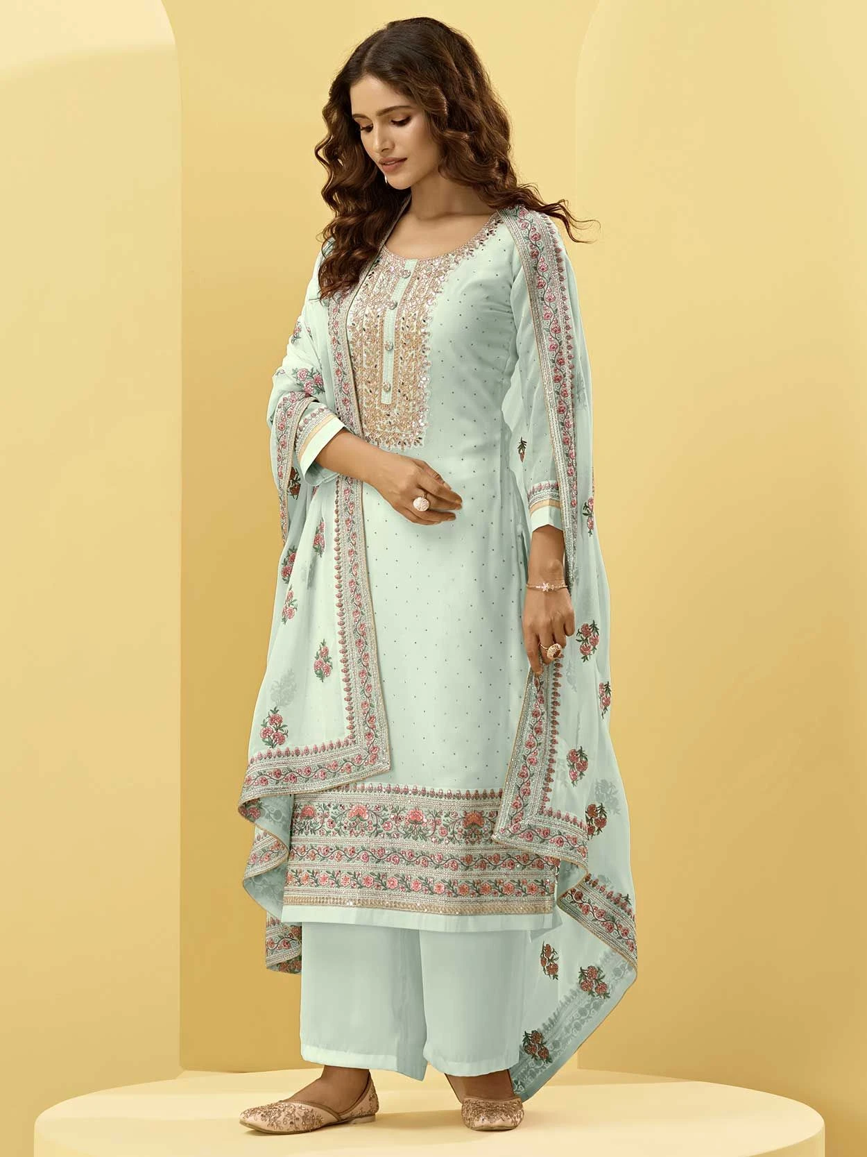 Sky Blue Colour Palazzo Salwar Kameez In Georgette Fabric. 3 Sky Blue Colour Palazzo Salwar Kameez In Georgette Fabric.
