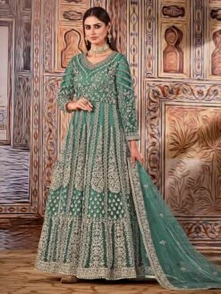 Rama Green Colour Designer Salwar Suit Net Fabric.