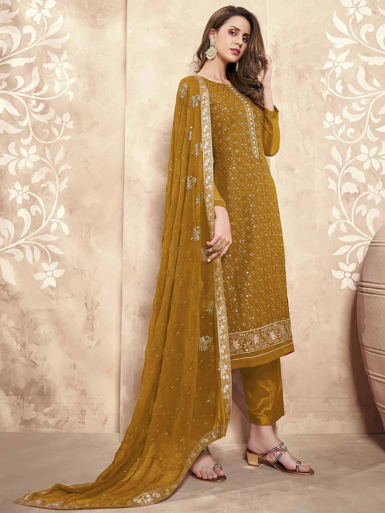 Designer Salwar Suit Mustard Yellow Colour. 3 Designer Salwar Suit Mustard Yellow Colour.