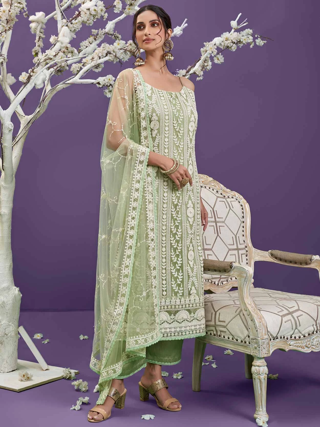 Pista Green Colour Net Fabric Designer Lucknowi Salwar Kameez. 3 Pista Green Colour Net Fabric Designer Lucknowi Salwar Kameez.