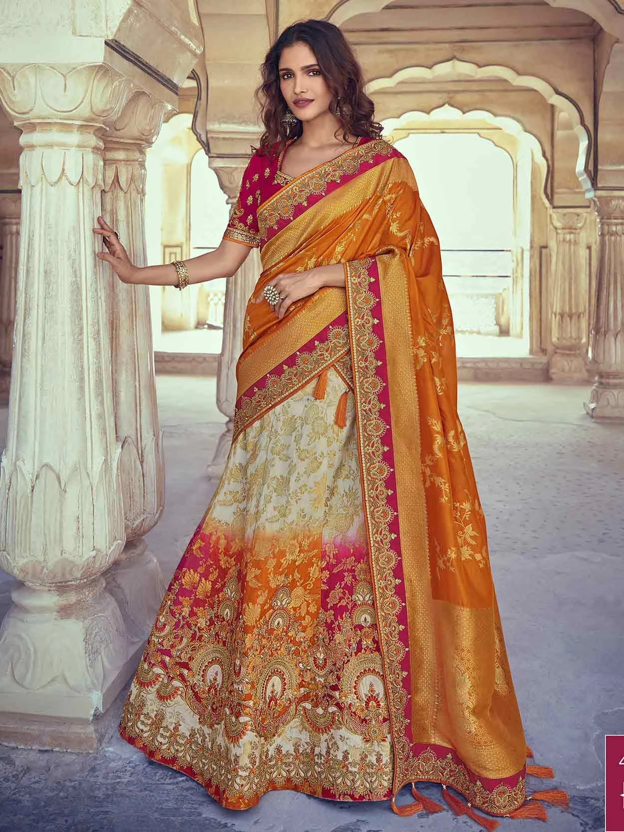 Orange,Cream Colour Banglori Silk Fabric Wedding Lehenga Choli. 3 Orange,Cream Colour Banglori Silk Fabric Wedding Lehenga Choli.