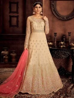 Net Fabric Anarkali Salwar Suit Cream,Golden Colour.