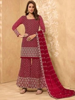 Georgette Fabric Designer Sharara Salwar Kameez Rani Pink Colour.