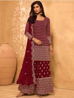 Maroon Colour Georgette Fabric Sharara Salwar Kameez.