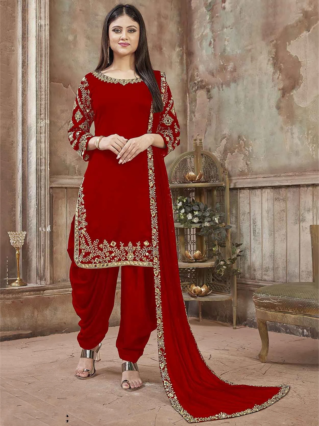 Georgette Fabric Patiala Salwar Suit Red Colour. 3 Georgette Fabric Patiala Salwar Suit Red Colour.