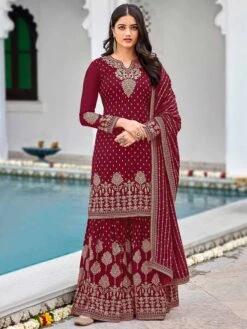 Maroon Colour Designer Sharara Salwar Suit In Georgette Fabric.