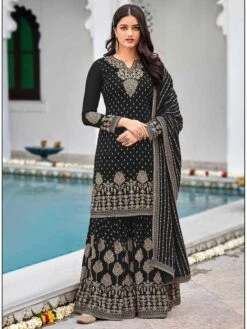 Black Colour Party Wear Sharara Salwar Suit In Georgette Fabric.
