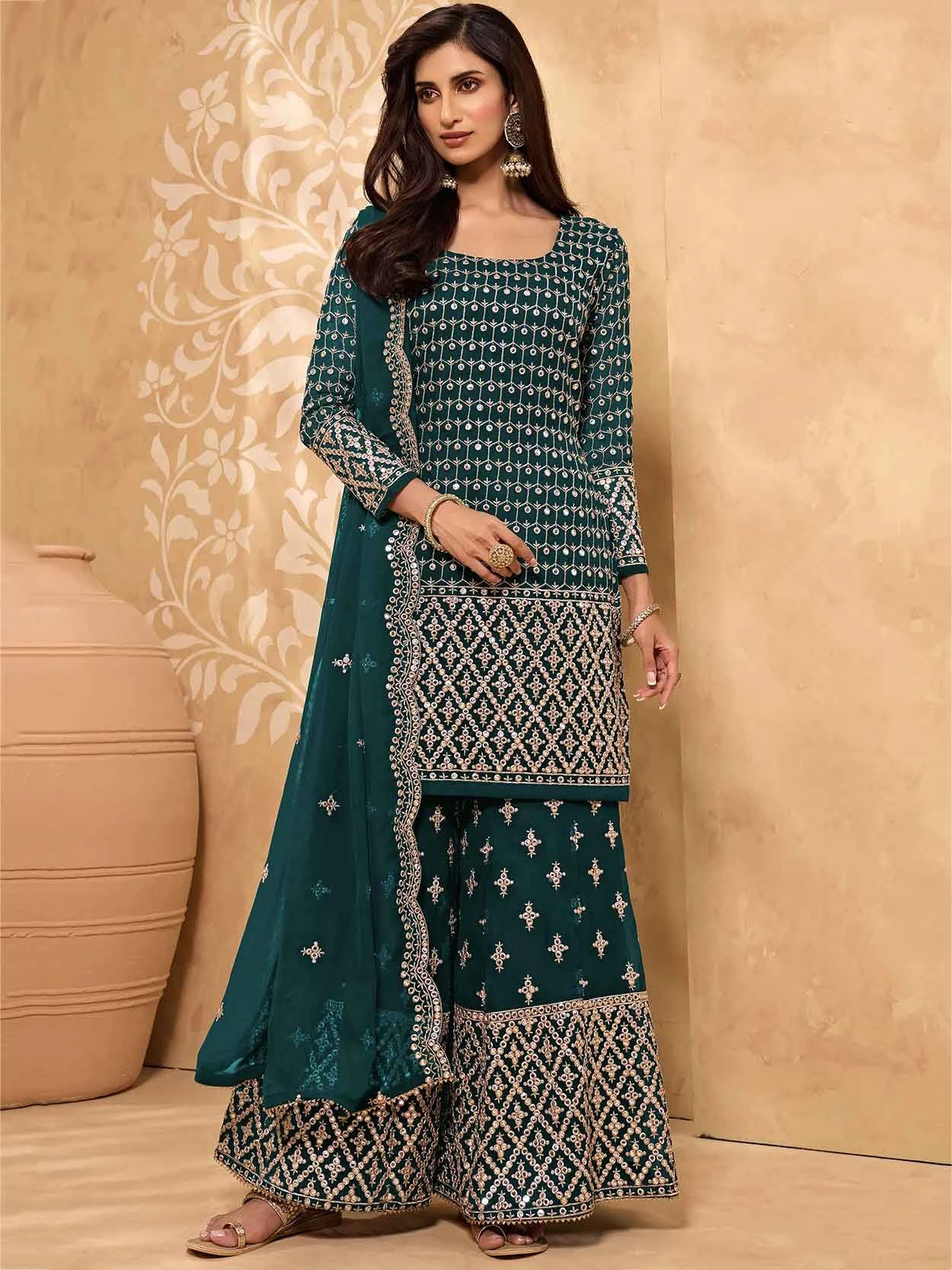 Rama Green Colour Georgette Fabric Sharara Salwar Suit. 3 Rama Green Colour Georgette Fabric Sharara Salwar Suit.