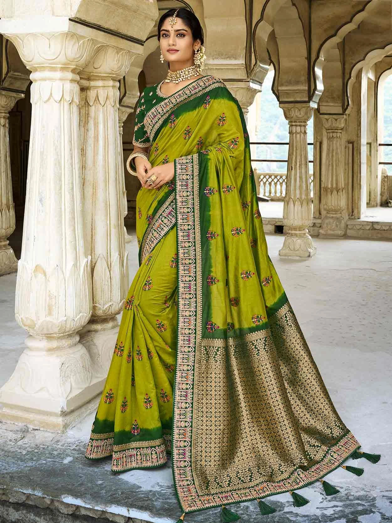 Green Colour Raw Silk Fabric Indian Women Saree. 3 Green Colour Raw Silk Fabric Indian Women Saree.
