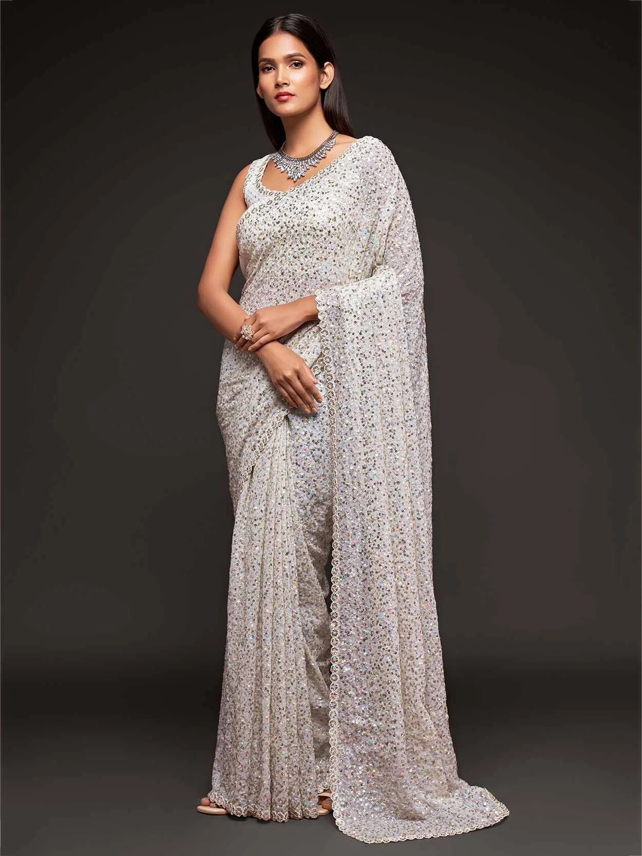 Off White Colour Georgette Fabric Party Wear Saree. 3 Off White Colour Georgette Fabric Party Wear Saree.