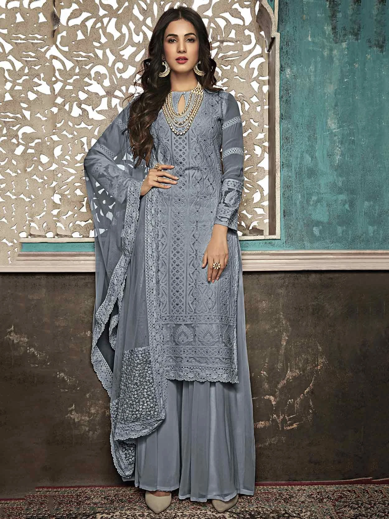 Grey Colour Designer Sharara Salwar Suit In Georgette Fabric. 3 Grey Colour Designer Sharara Salwar Suit In Georgette Fabric.