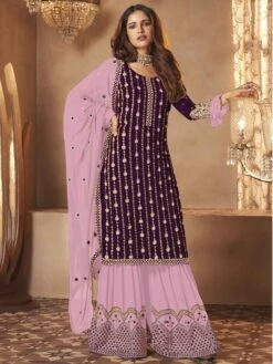 Wine Colour Palazzo Salwar Kameez In Georgette Fabric.