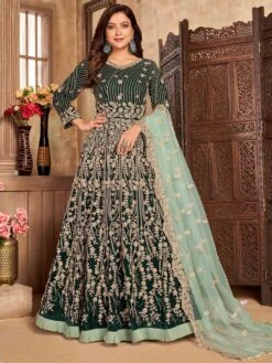 Dark Green Colour Velvet Fabric Anarkali Salwar Kameez.