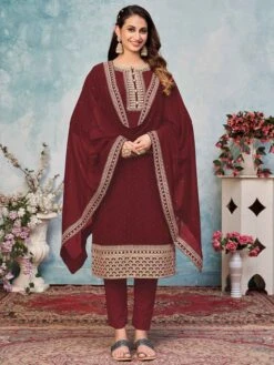 Straight Cut Style Maroon Colour Georgette Salwar Kameez.