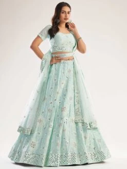 Net Fabric Women Lehenga Choli Sea Green Colour.