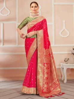 Red Colour Indian Wedding Saree In Banarasi Silk Fabric.