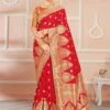 Red Colour Banarasi Silk Fabric Indian Wedding Saree .