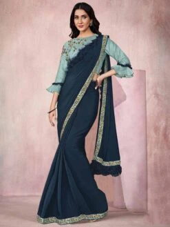 Navy Blue Colour Lycra Fabric Party Wear Saree.