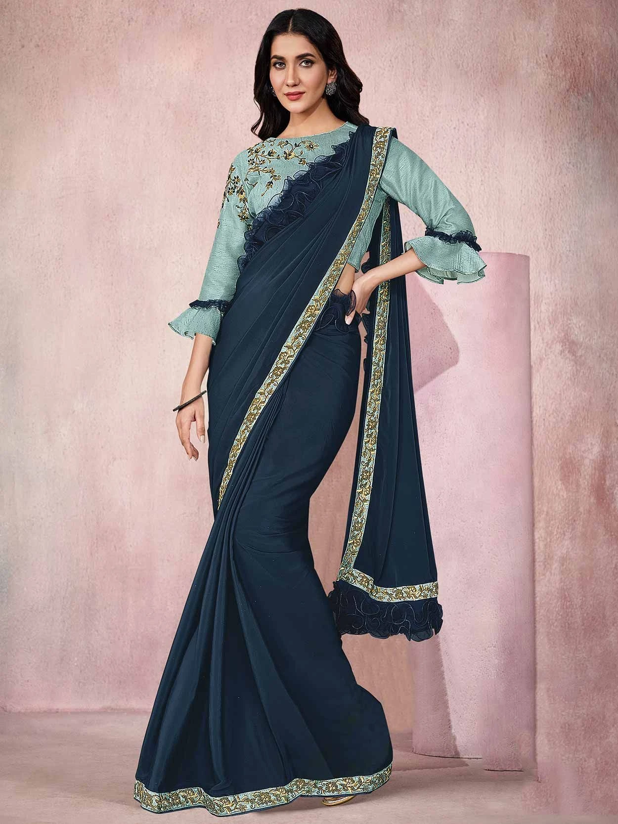 Navy Blue Colour Lycra Fabric Party Wear Saree. 3 Navy Blue Colour Lycra Fabric Party Wear Saree.
