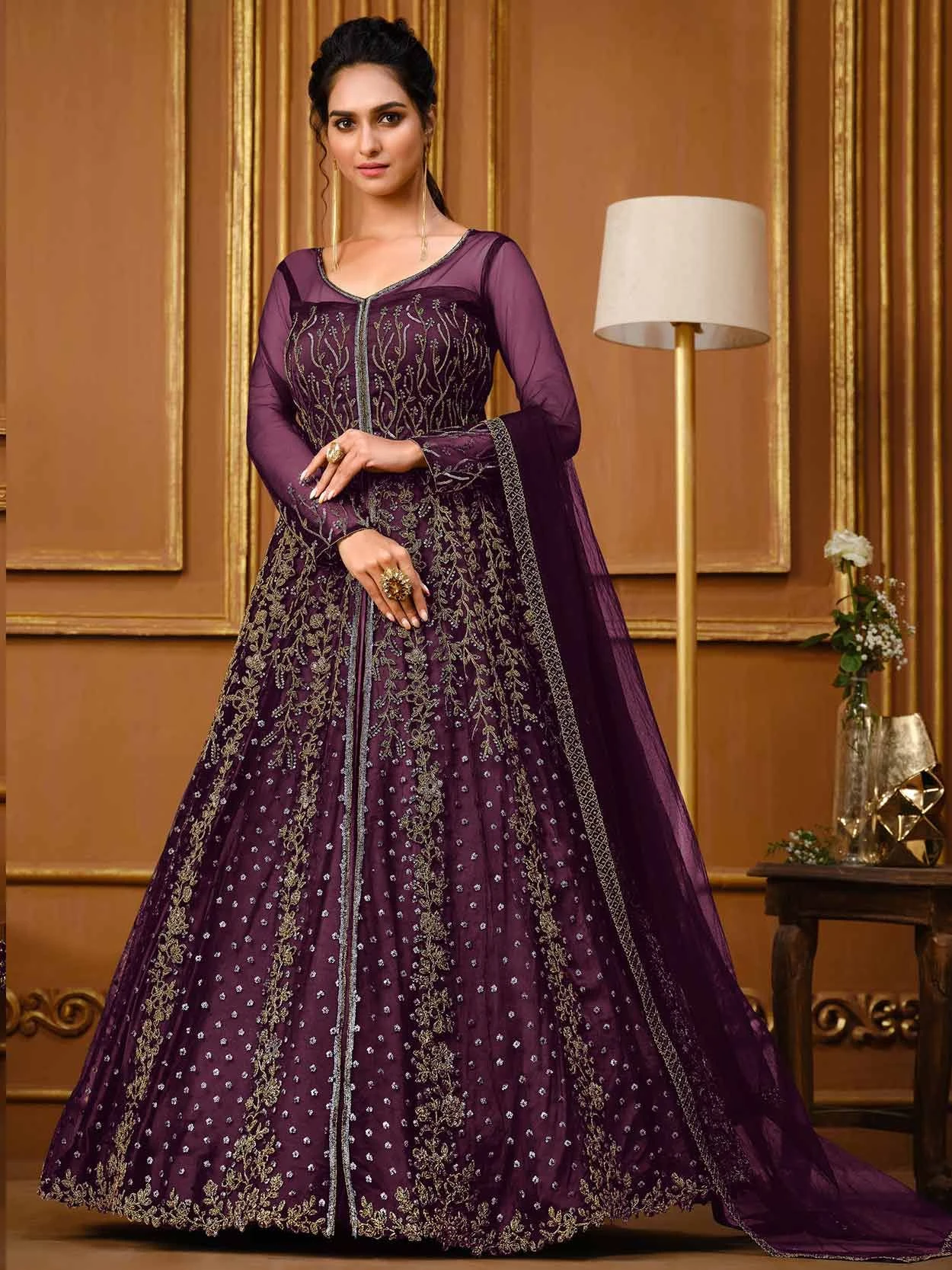 Wine Colour Party Wear Salwar Kameez In Net Fabric. 3 Wine Colour Party Wear Salwar Kameez In Net Fabric.