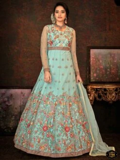 Turquoise Colour Anarkali Salwar Kameez In Net Fabric.