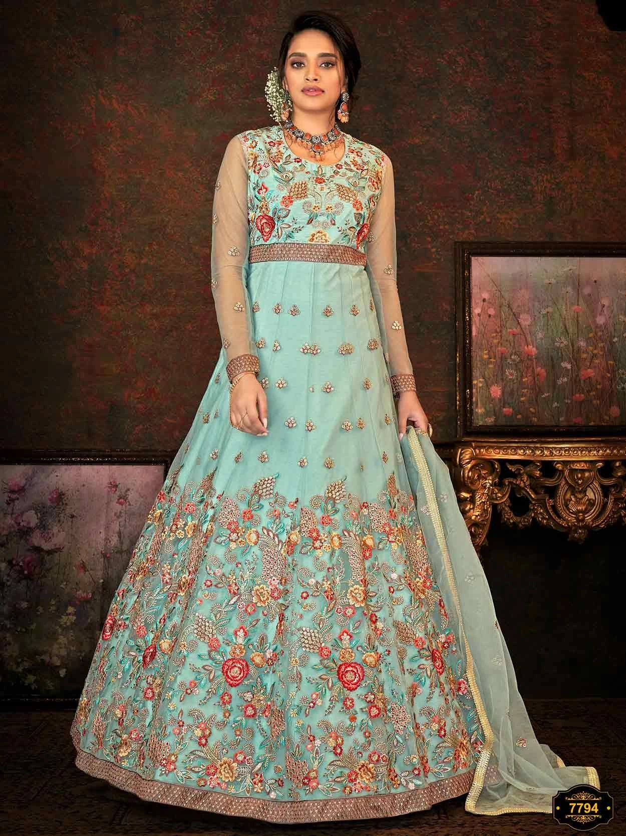 Turquoise Colour Anarkali Salwar Kameez In Net Fabric. 3 Turquoise Colour Anarkali Salwar Kameez In Net Fabric.