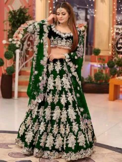Green Colour Designer Lehenga Choli In Velvet Fabric.