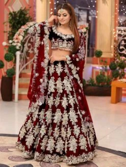 Maroon Colour Wedding Lehenga Choli In Velvet Fabric.
