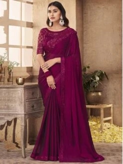 Silk Fabric Party Wear Saree Wine Colour.