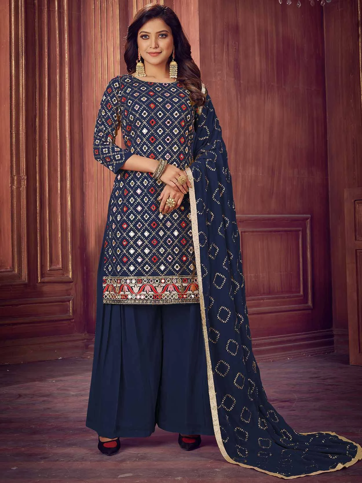 Blue Colour Palazzo Salwar Suit In Georgette Fabric. 3 Blue Colour Palazzo Salwar Suit In Georgette Fabric.