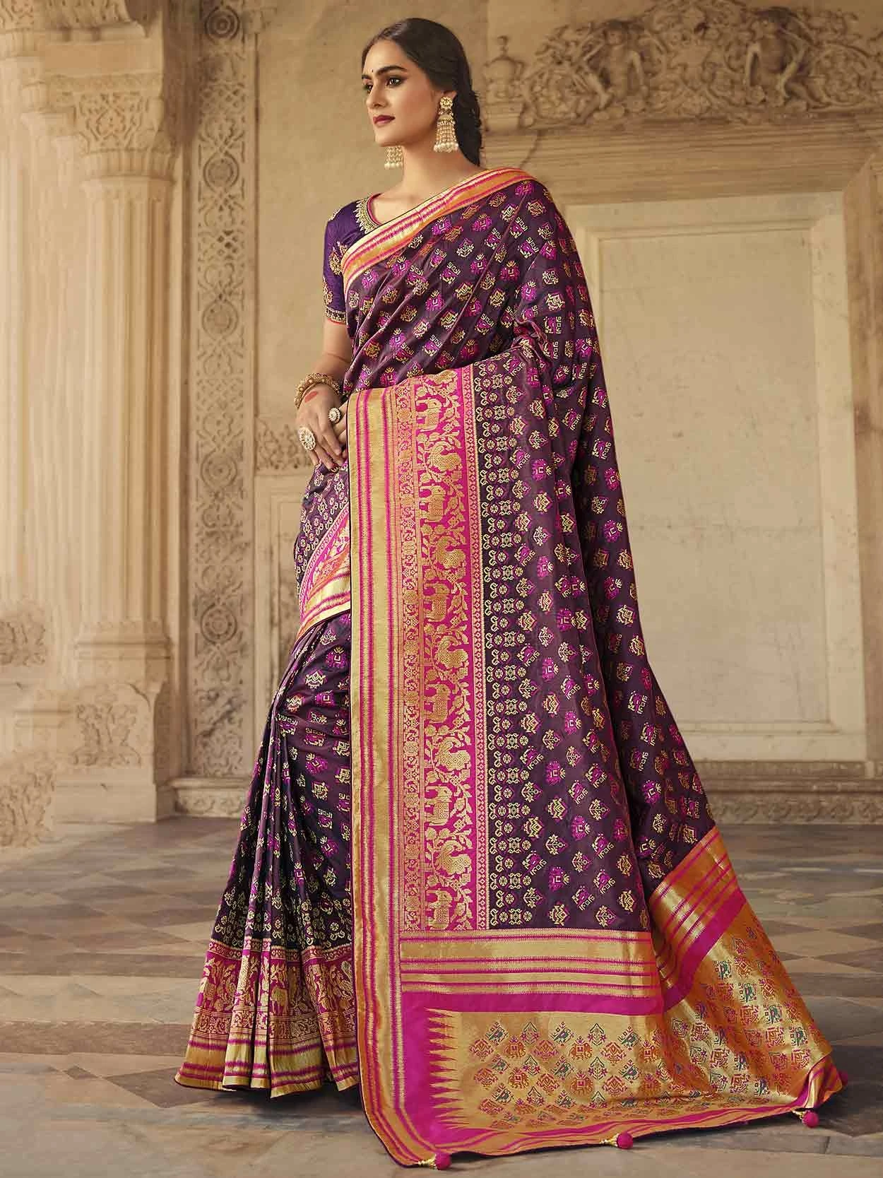 Purple,Wine Colour Indian Designer Saree In Silk Fabric. 3 Purple,Wine Colour Indian Designer Saree In Silk Fabric.