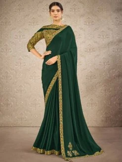 Dark Green Colour Satin,Silk Fabric Party Wear Saree.