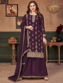 Wine Colour Sharara Salwar Suit In Georgette Fabric.