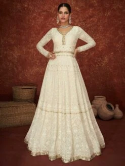 Cream Colour Georgette Fabric Anarkali Salwar Suit.