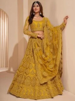 Mustard Yellow Colour Anarkali Salwar Kameez In Net,Silk Fabric.