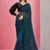 Teal Blue Colour Silk Party Wear Saree.