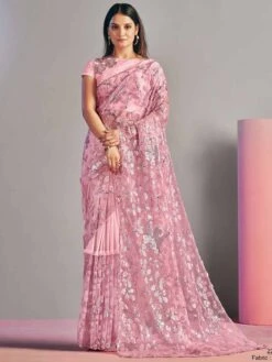 Pink Colour Indian Designer Saree In Silk Fabric.