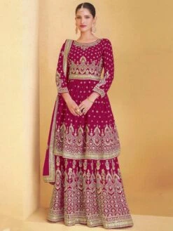 Rani Pink Colour Designer Sharara Salwar Suit In Georgette Fabric.