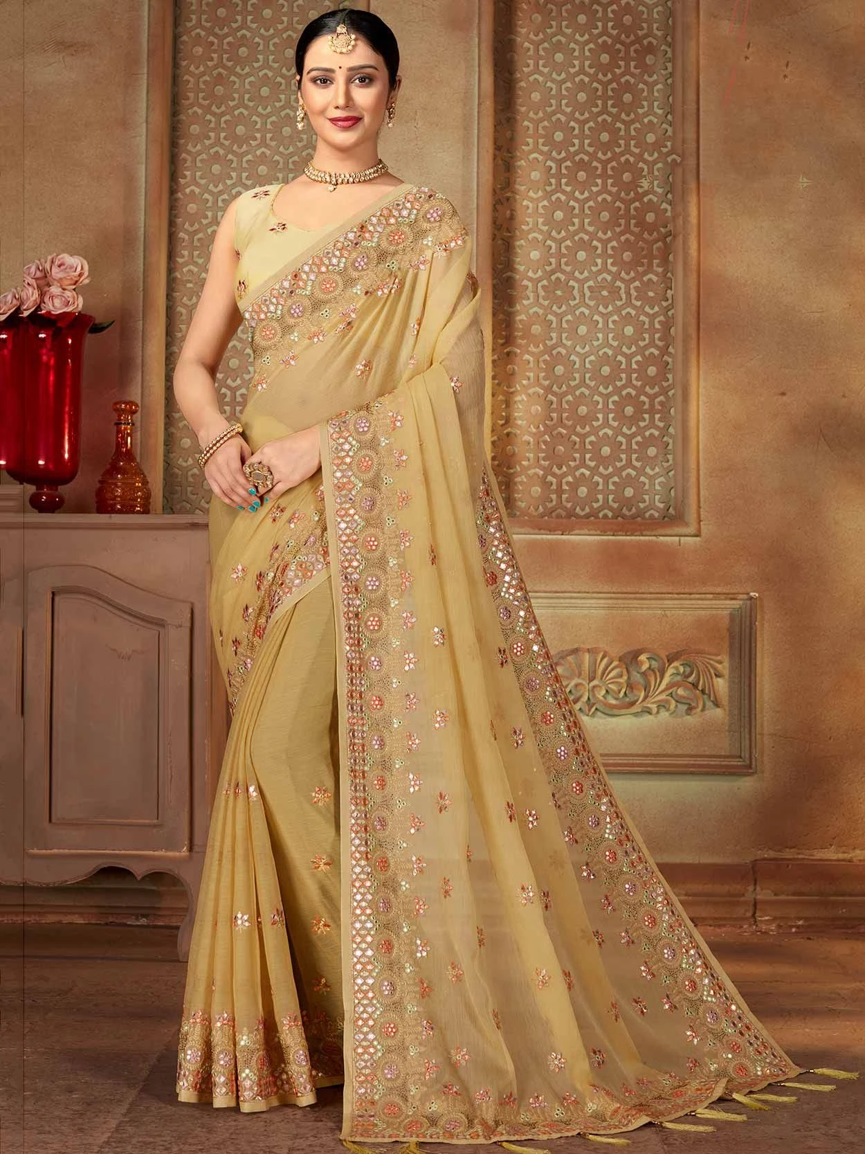 Golden Colour Chiffon Fabric Designer Saree. 3 Golden Colour Chiffon Fabric Designer Saree.