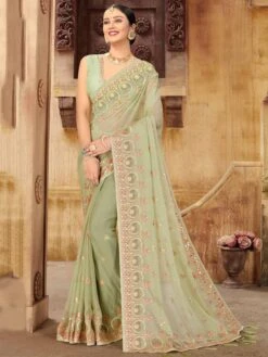 Pista Green Colour Indian Designer Saree In Chiffon Fabric.