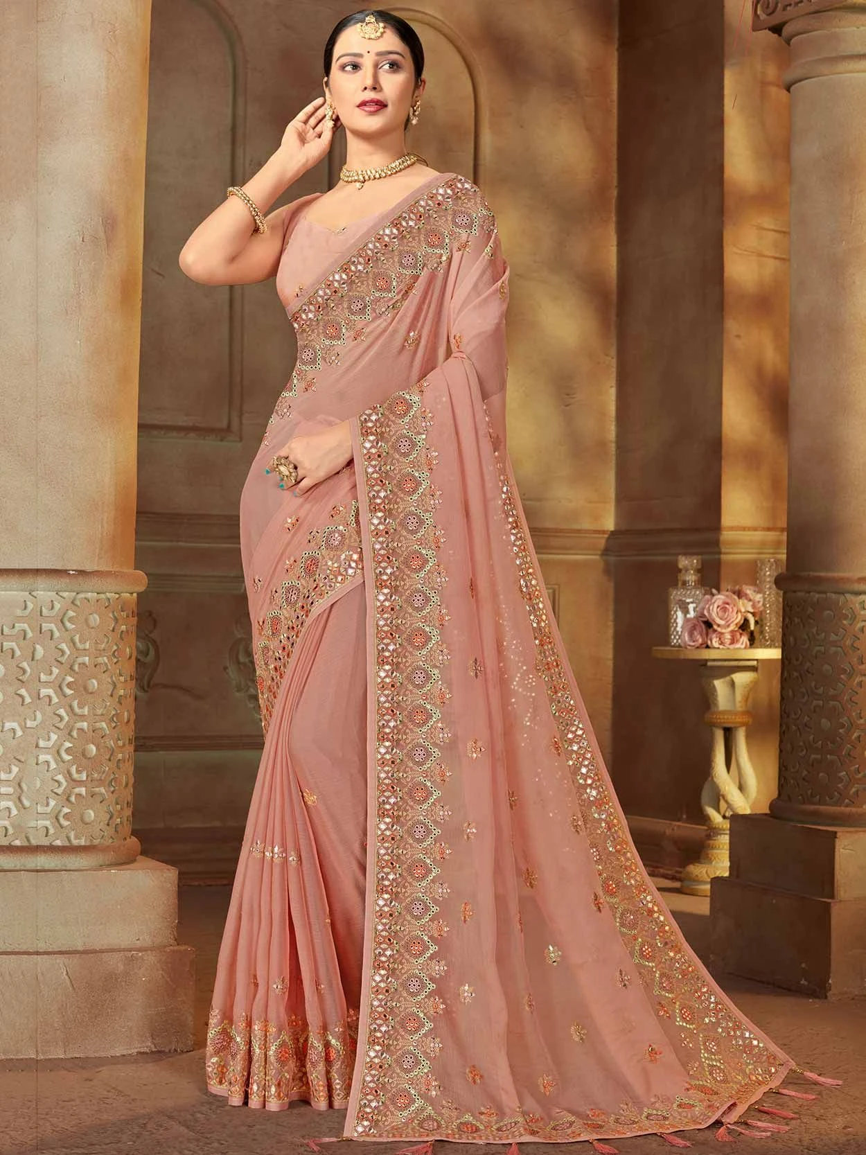 Rust Colour Party Wear Saree In Chiffon Fabric. 3 Rust Colour Party Wear Saree In Chiffon Fabric.
