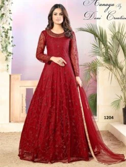 Red Colour Designer Anarkali Salwar Suit In Net Fabric.