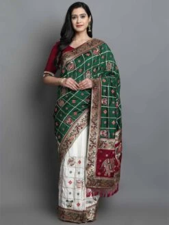 Off White,Green Colour Silk Traditional Saree.