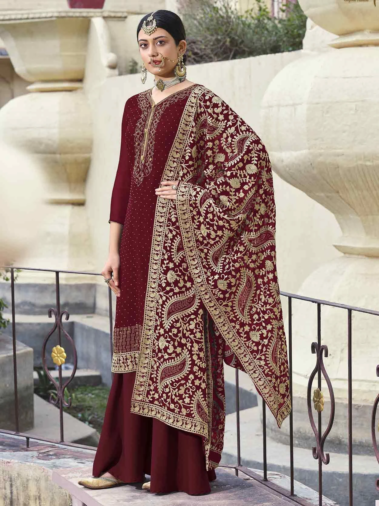 Maroon Colour Party Wear Salwar Kameez In Georgette Fabric. 3 Maroon Colour Party Wear Salwar Kameez In Georgette Fabric.